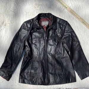 Wilsons Leather Black Leather Bomber Jacket with Burgundy Lining